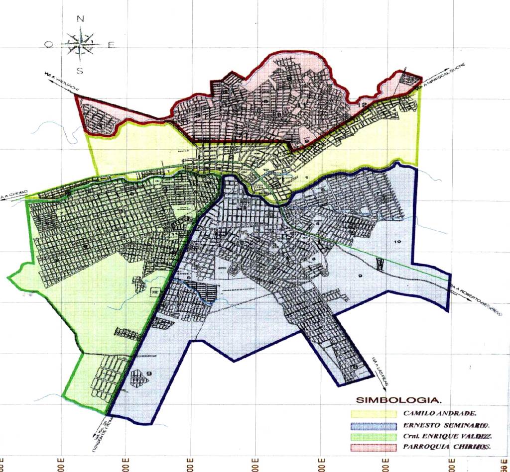 Plano urbano de Milagro con la conformación de sus cuatro parroquias.
